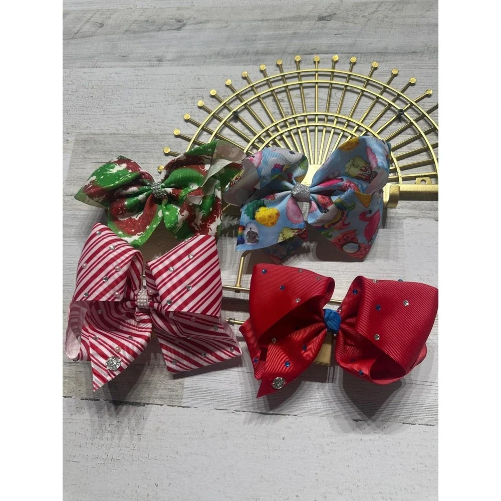 JoJo Siwa Hair‎ Bows Girls OS Multicolor Holiday Rhinestone Pearl 4pc Set EUC